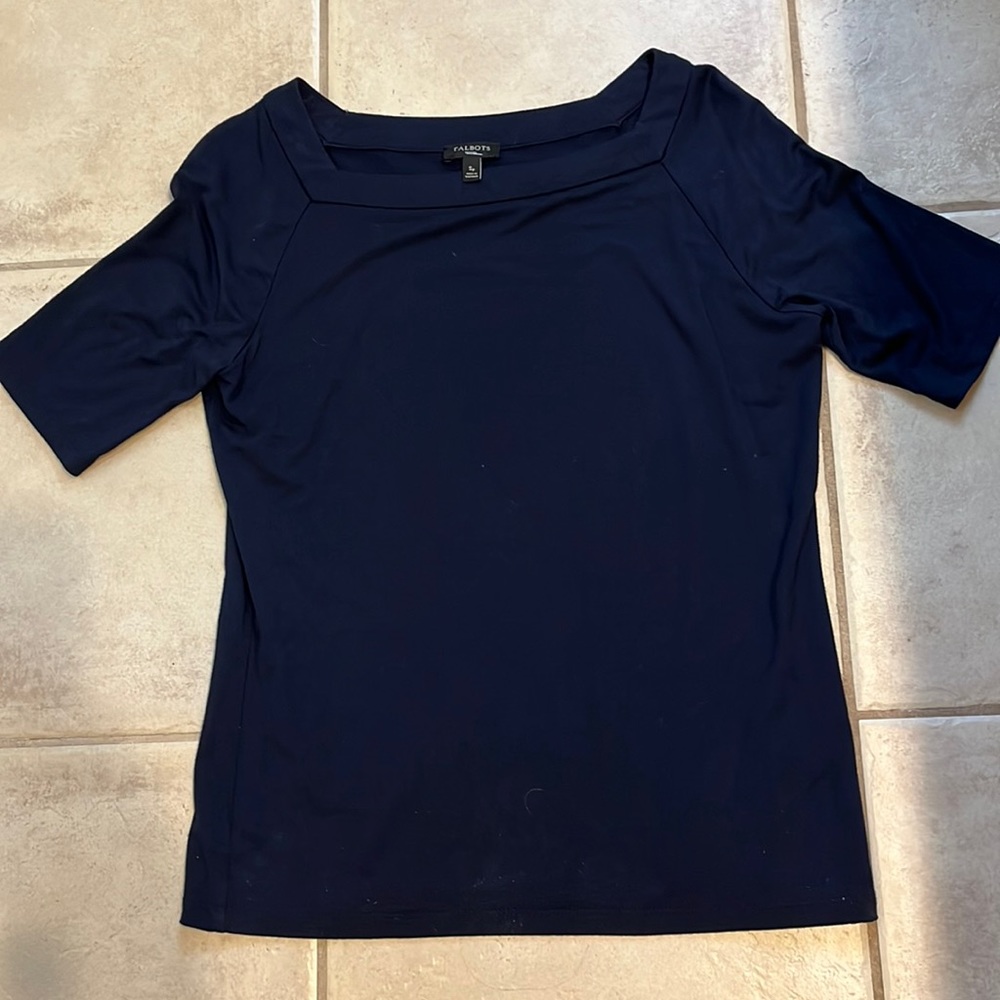 Talbots petite SP dark blue square neck short-sleeve shirt